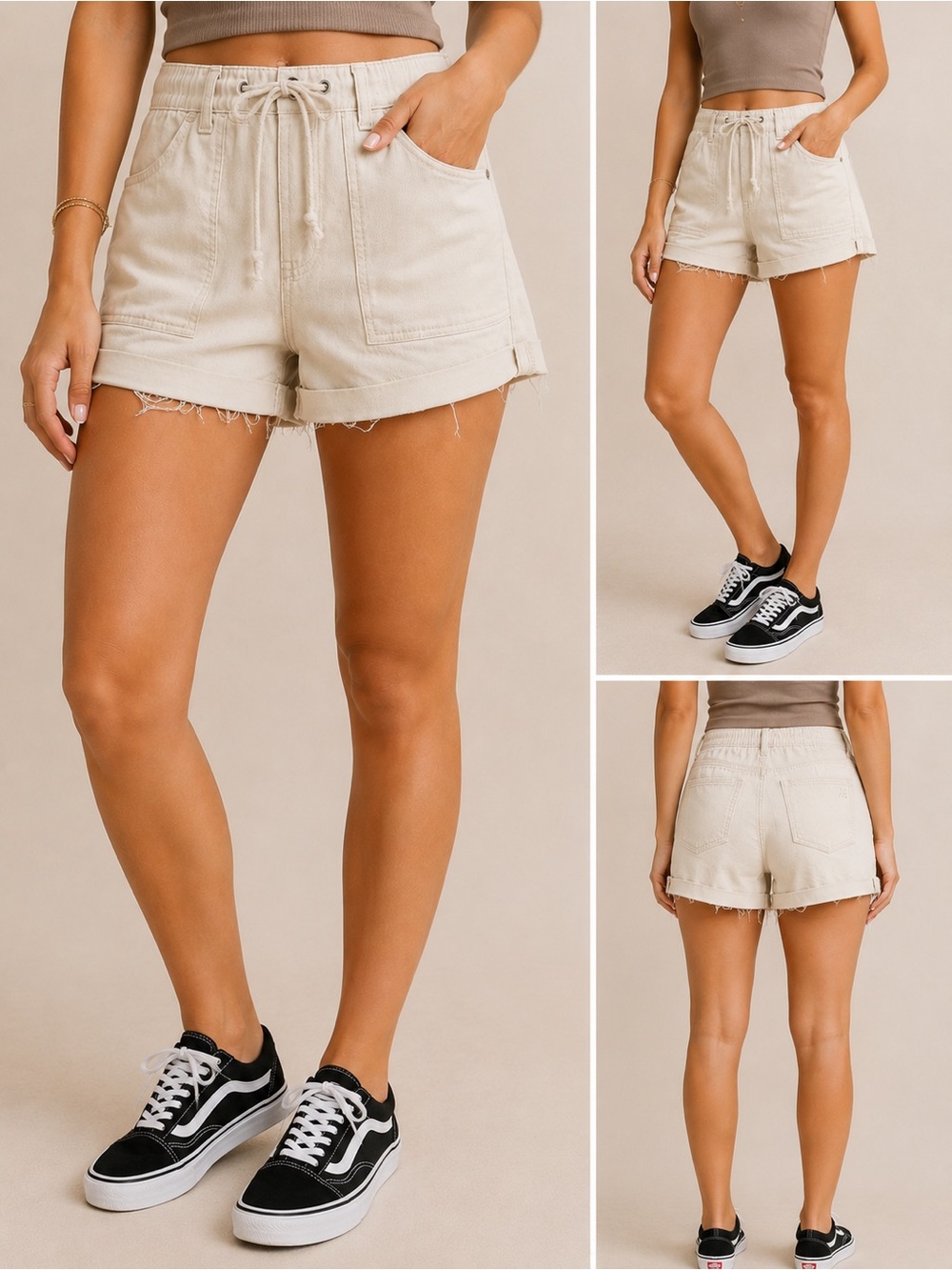 American Eagle Drawstring Utility Shorts Size 2 Cream Frayed Hem